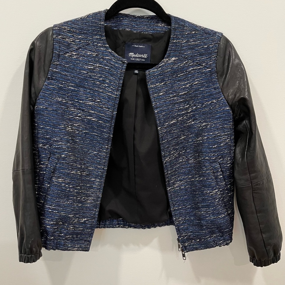 {Madewell} blue tweed and leather zip up blazer